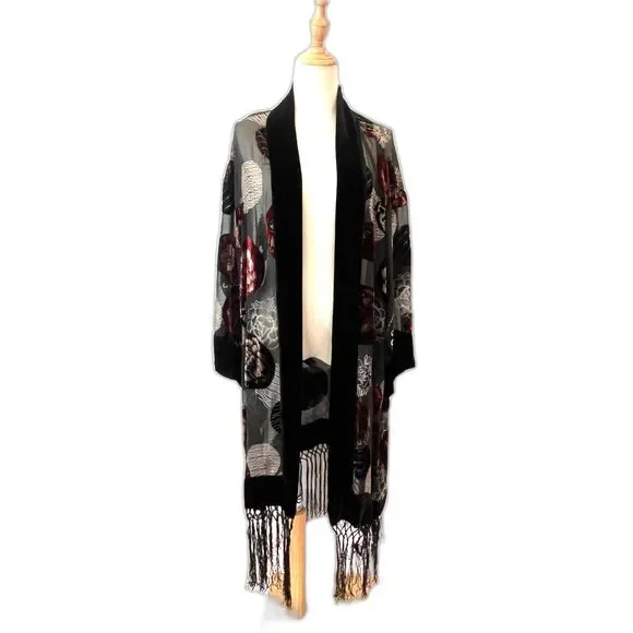 WinterSilks Vintage 100% Silk Black Burnout Velvet Kimono Jacket with Fringe XL - Picture 2 of 6